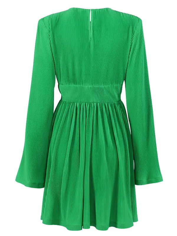 A-line Flared Sleeves High-Waisted Pleated Solid Color Zipper Round-neck Mini Dresses