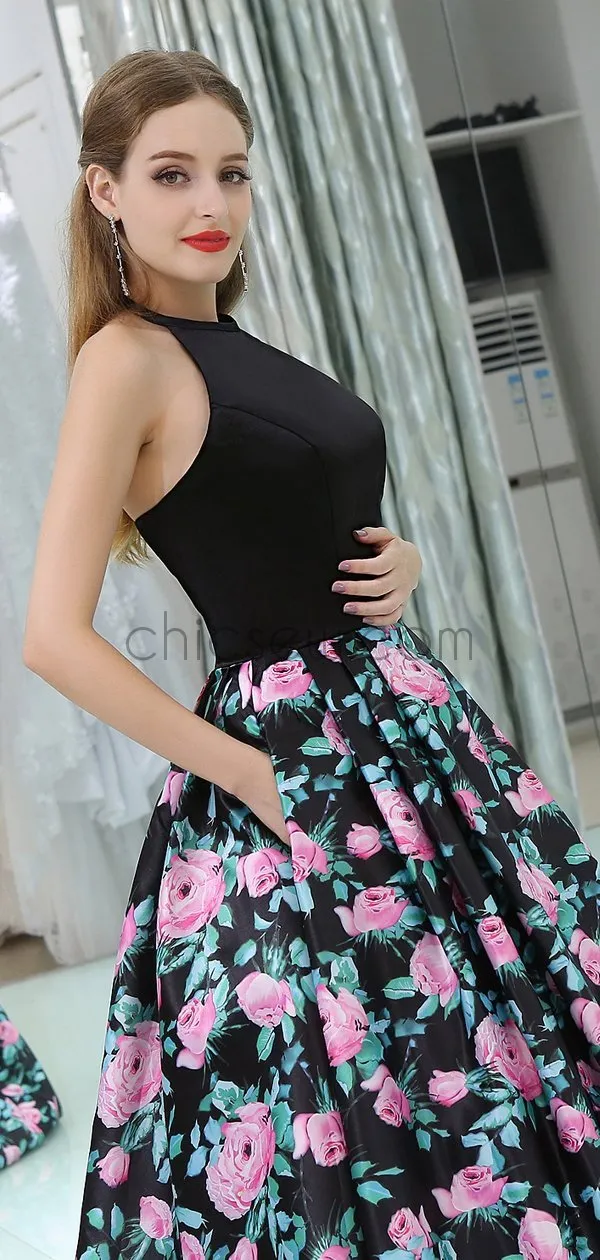 A-line Printed Satin Sleeveless Prom Dress with Pockets, YKX071