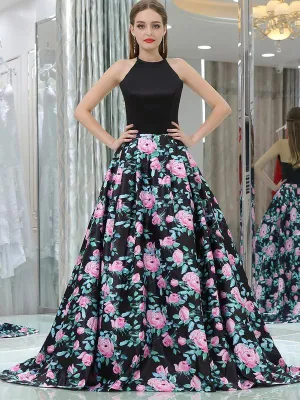 A-line Printed Satin Sleeveless Prom Dress with Pockets, YKX071