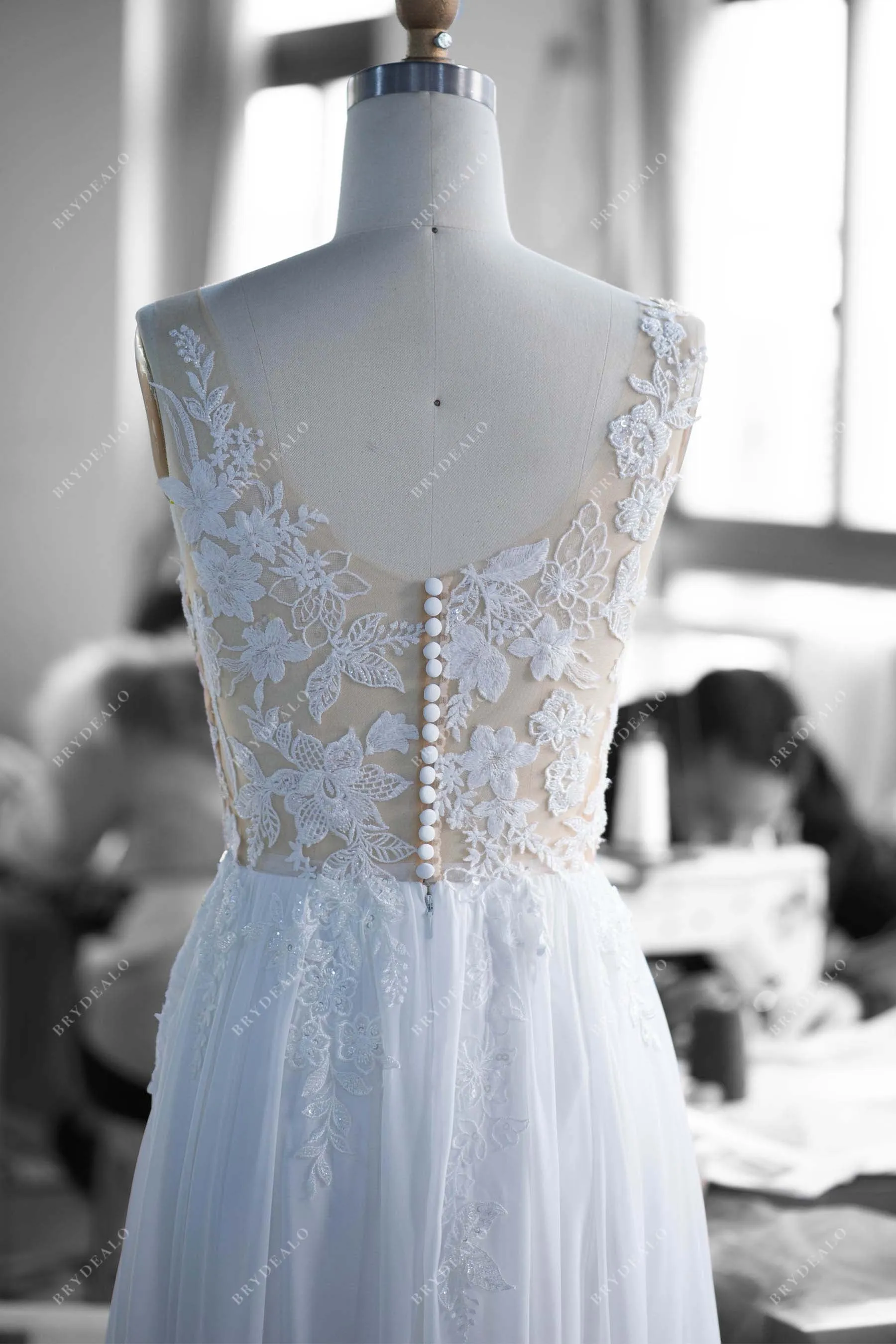 Beaded Illusion Lace Chiffon Boho Wedding Dress