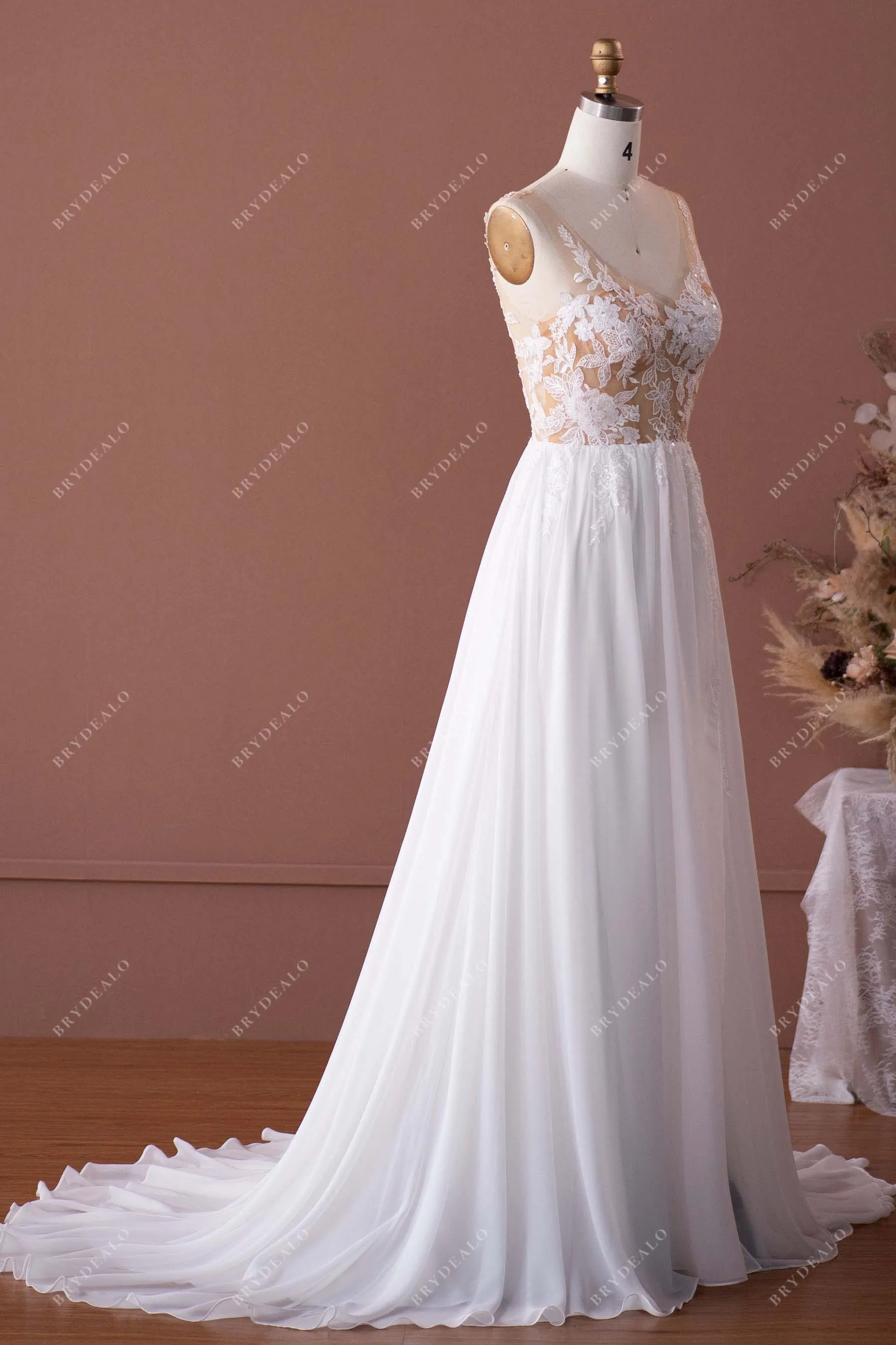 Beaded Illusion Lace Chiffon Boho Wedding Dress