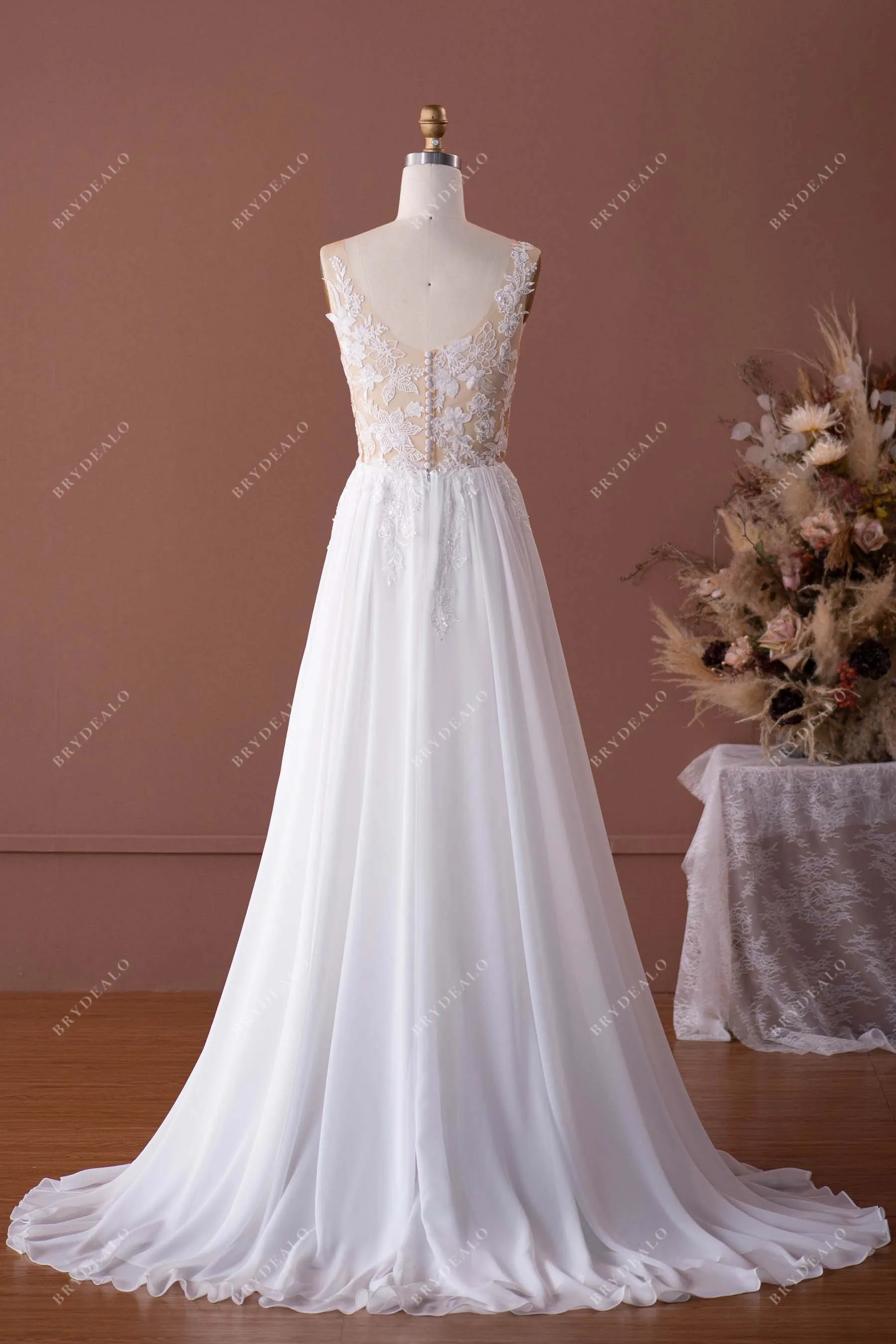 Beaded Illusion Lace Chiffon Boho Wedding Dress