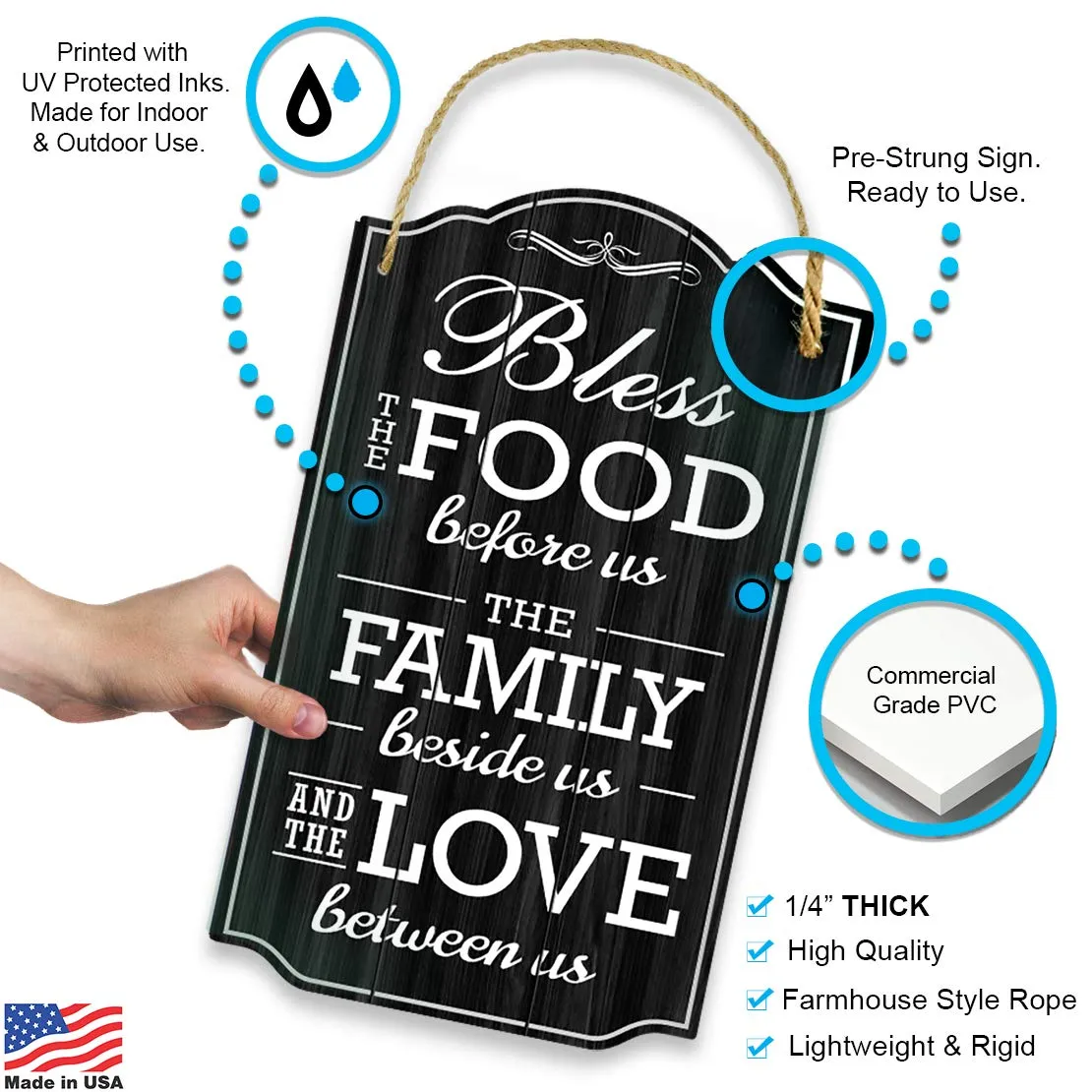 Bless Our Family Food Love Sign - Heart Warming Quote - Strong PVC w/ Rope for Hanging