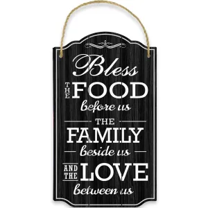 Bless Our Family Food Love Sign - Heart Warming Quote - Strong PVC w/ Rope for Hanging