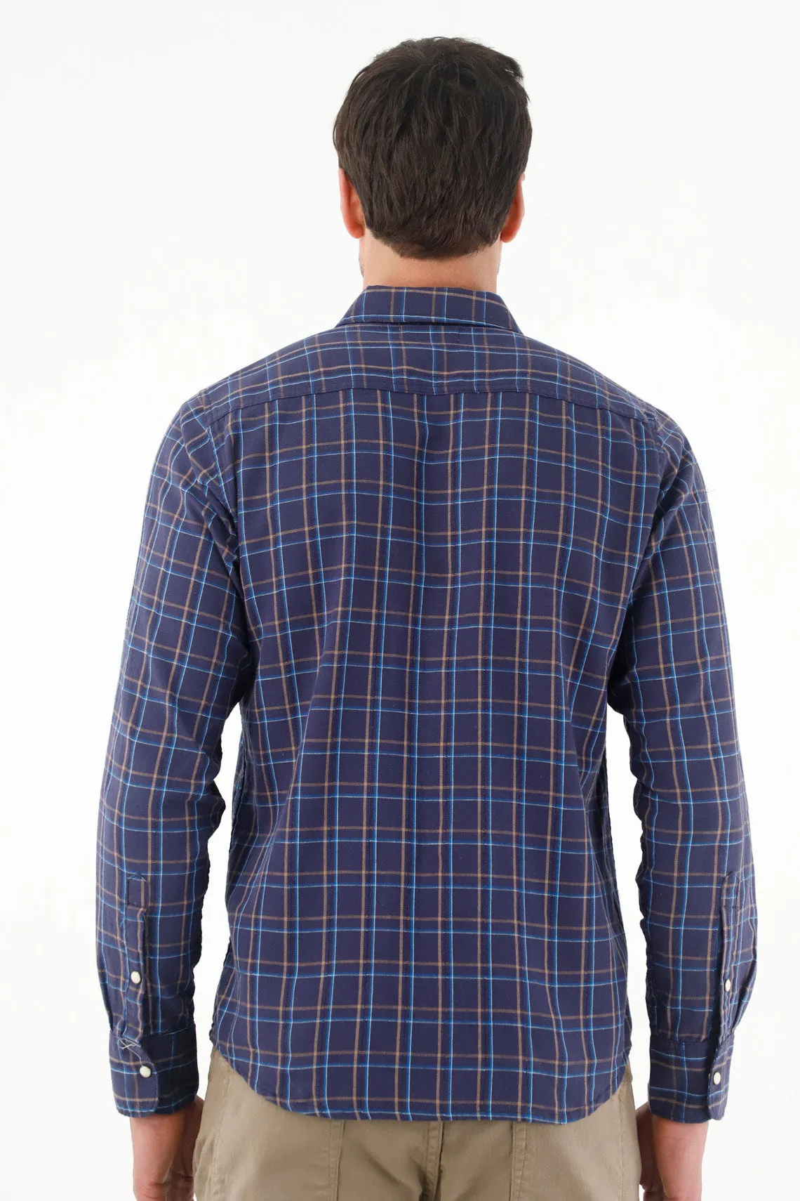 Camisa a cuadros cuello clásico azul para hombre