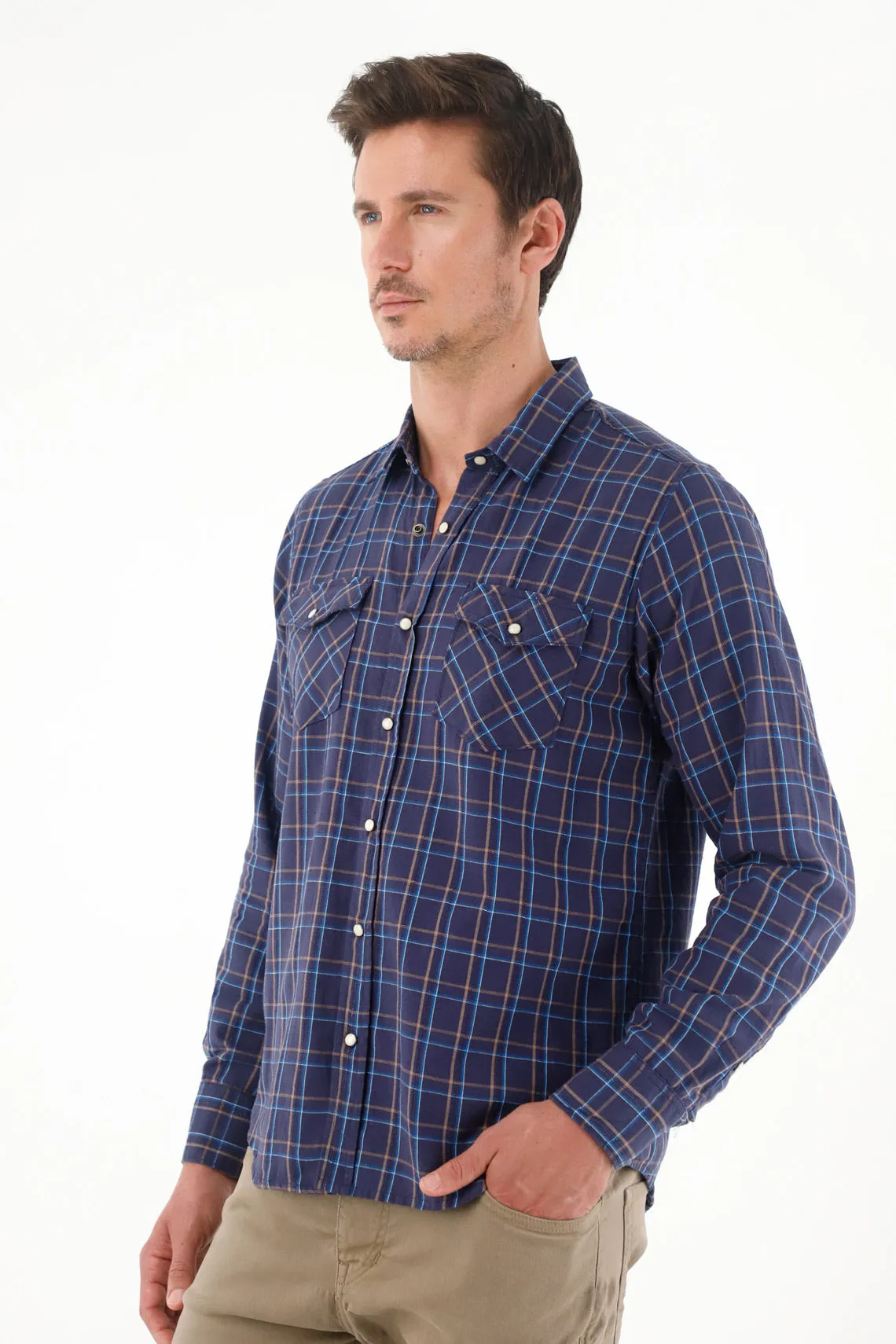 Camisa a cuadros cuello clásico azul para hombre