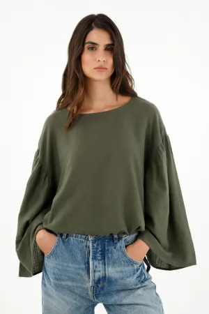 Camisa verde de cuello redondo en algodón y manga larga acampanada para mujer