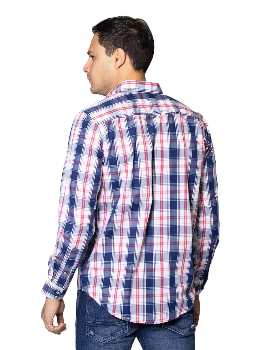 Camisas Para Hombre De Manga Larga Con Estampado De Cuadros Cuello Button Down De Algodon Regular Fit B41104 Marino