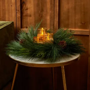 Deluxe Long Needle Pine & Pinecone Faux Winter Greenery Holiday Décor Accent Mini Candle Wreath Centerpiece