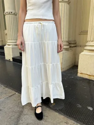 Sweet White Folds Maxi Skirt Woman A-line Drawstring High Waist Long Skirts Summer School Style Y2k Retro Classic Cotton Faldas